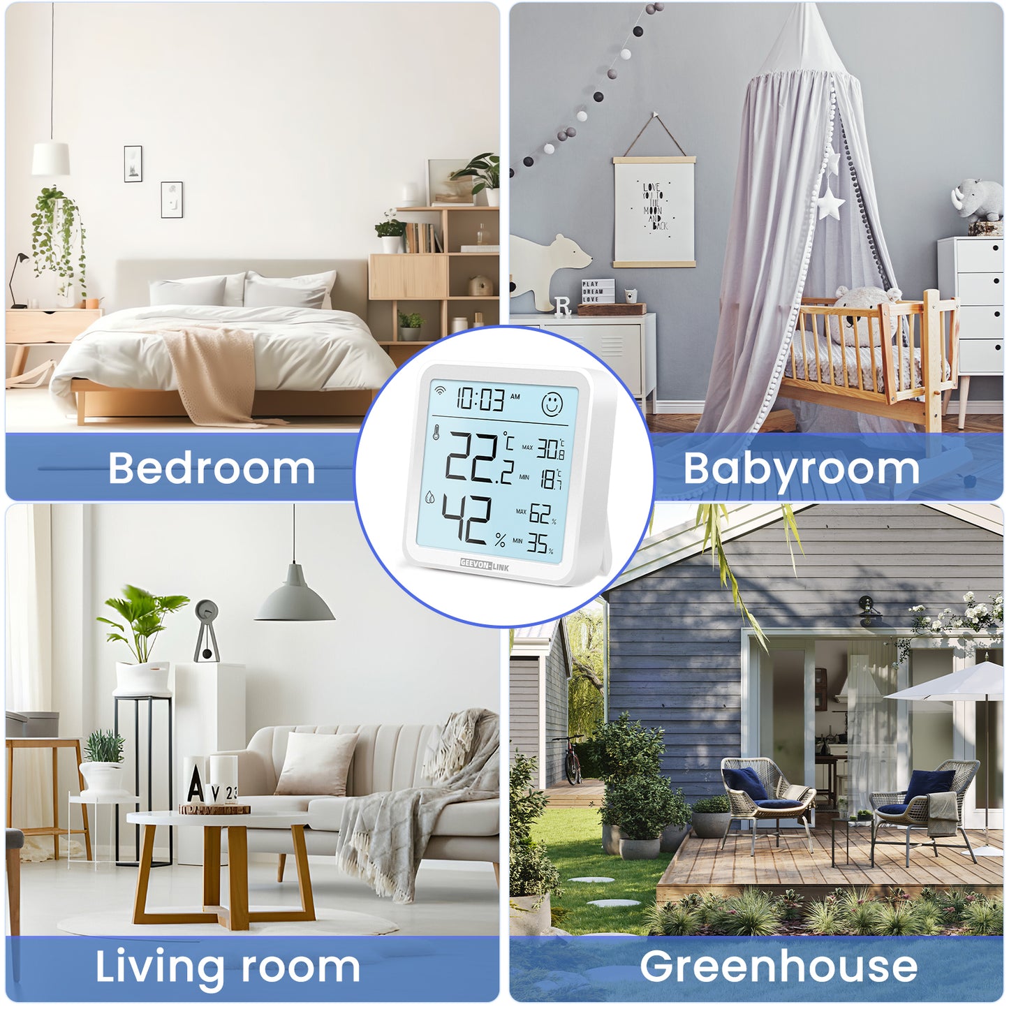 Geevon Indoor WiFi Hygrometer Thermometer, Bluetooth WiFi Humidity Temperature Gauge with Large LCD Display, with Max Min Records, Historical Data Storage and Export for Room Greenhouse(2 Pack )