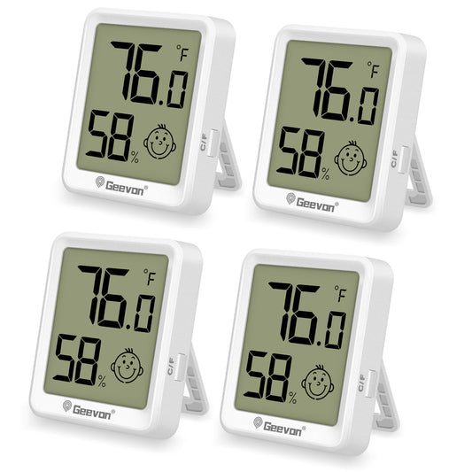 Geevon 4 Pack Digital Hygrometer Indoor Thermohygrometer , Room Thermometer Humidity Meter for Home, Bedroom, Baby Room, Office, Greenhouse, Cellar (White)