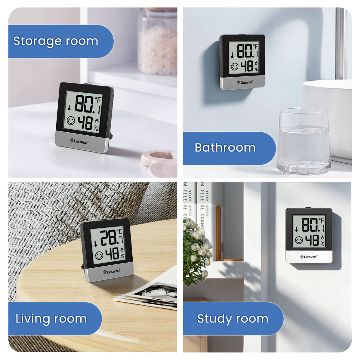 Geevon Digital Hygrometer, 3 Pack Indoor Thermometer Indoor Thermohygrometer with Battery, Digital Temperature Humidity Meter Indicator for Home, Office, Greenhouse, Mini Hygrometer(Black)
