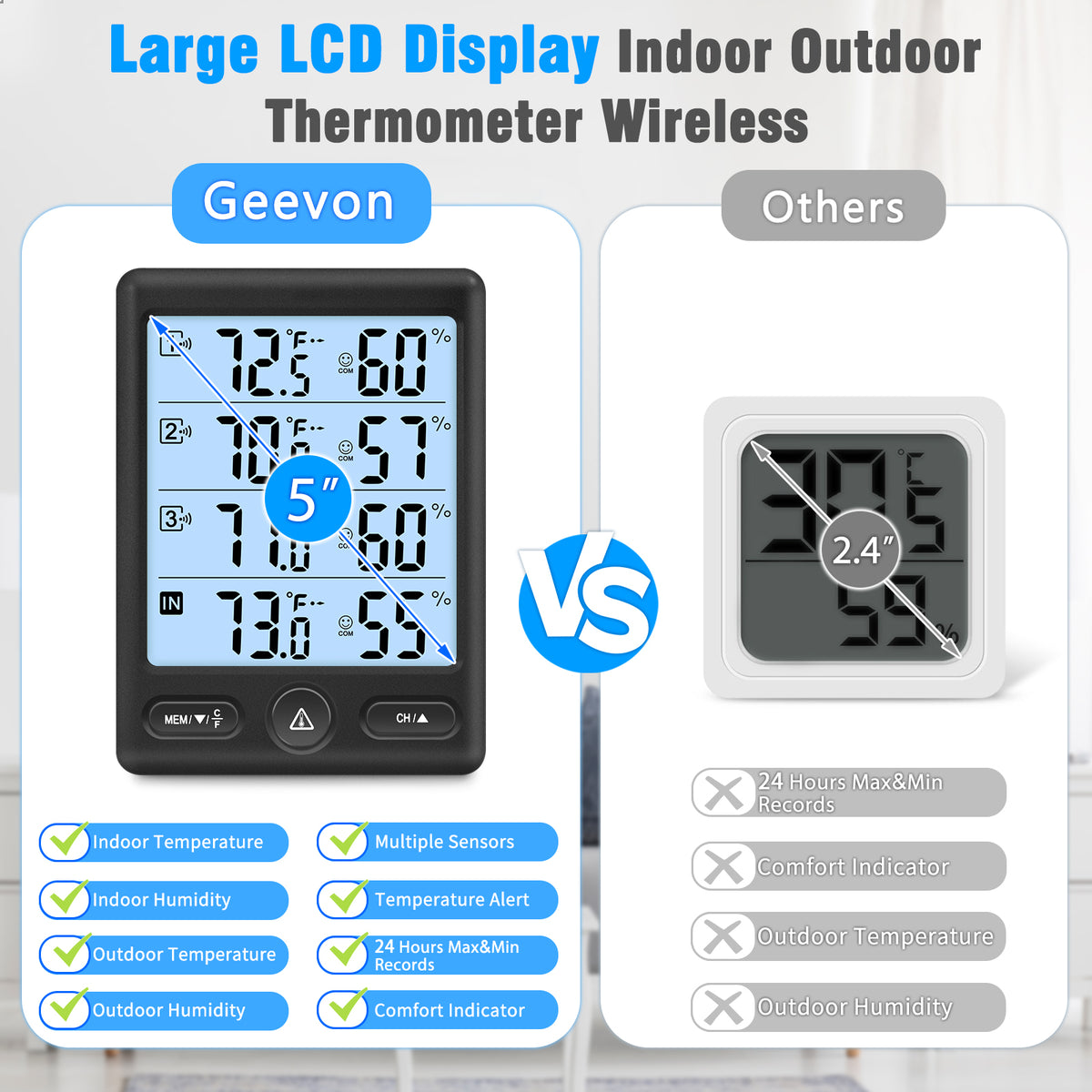 Geevon Indoor Outdoor Thermometer Wireless, 5-Inch Display with 3 Remote Sensors Wireless Thermohygrometer, Digital Temperature Humidity Meter with 200FT/60M Range(Black Backlight)