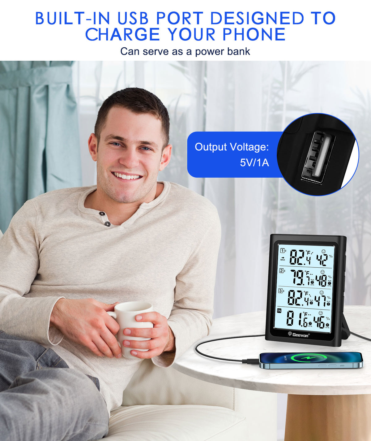 Geevon Indoor Outdoor Thermometer Digital Wireless with 3 Outdoor Sensors, Large LCD Display Digital Temperature Humidity Gauge with Backlight (LCD Display)