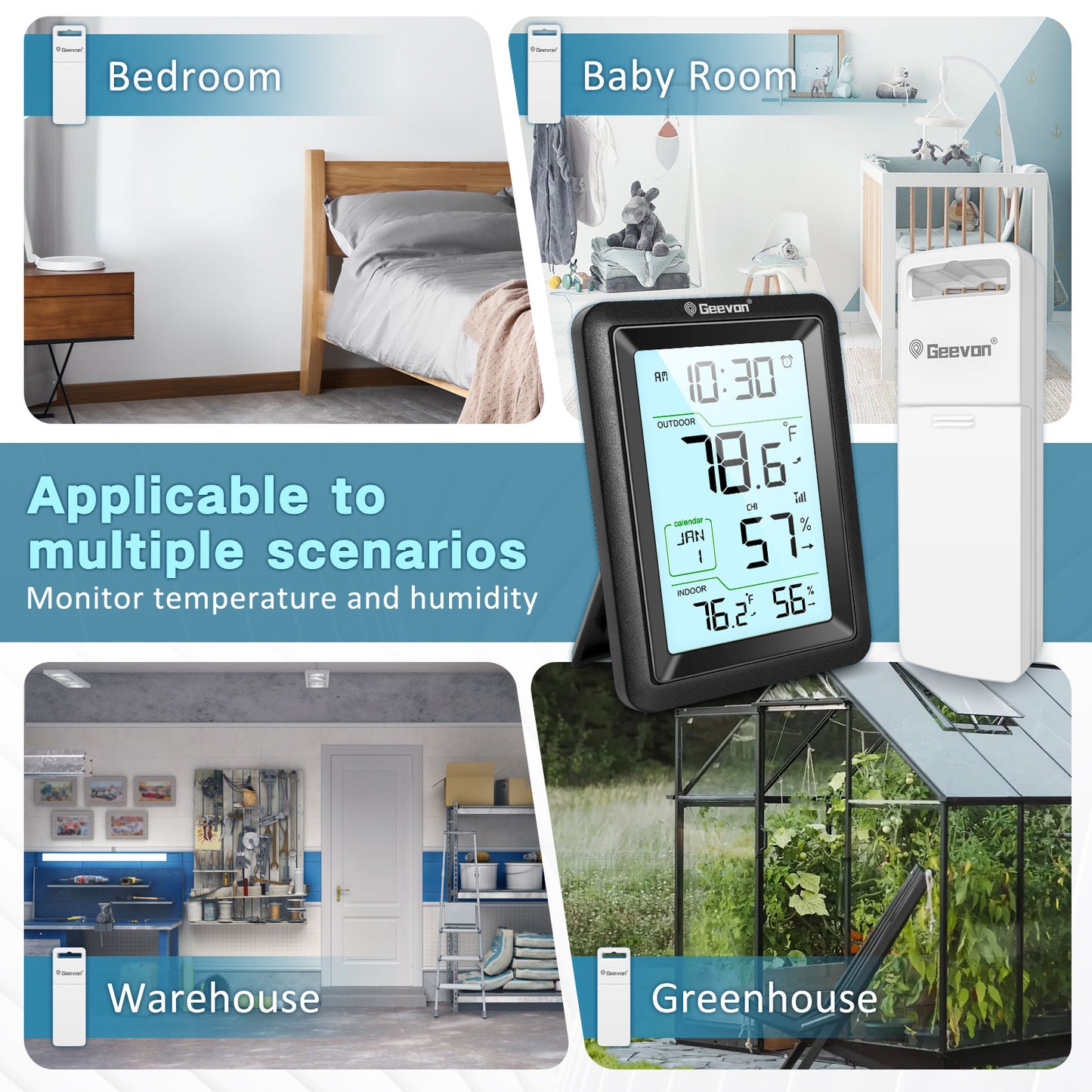 Geevon Wireless Indoor Outdoor Thermometer & Hygrometer with Remote Sensor, Digital Thermohygrometer Monitor with Alarm Clock, 10s Backlight, for Home, Bedroom, Greenhouse