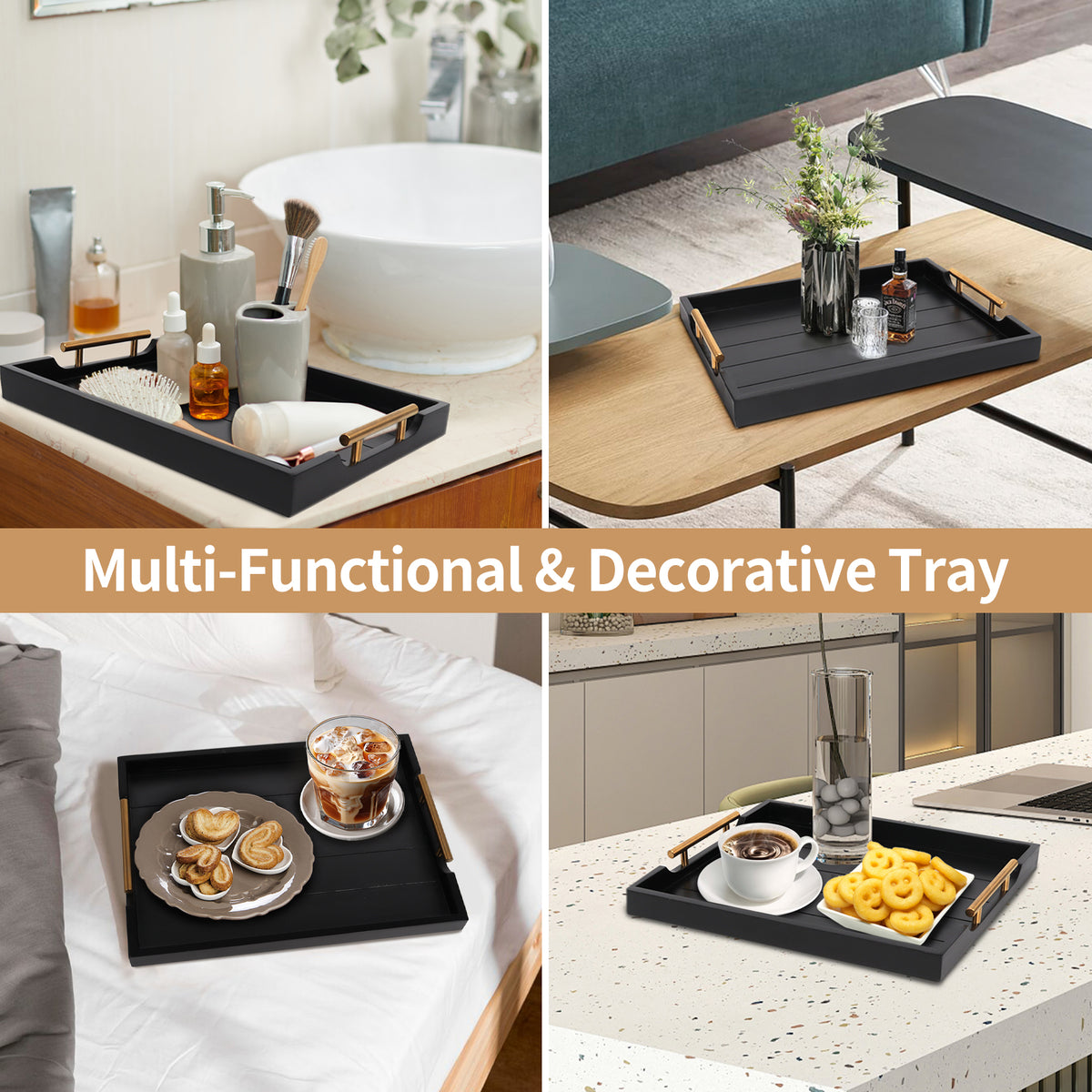 Sxnows Coffee Table Trays - Large Ottoman Tray for Living Room -Wood Serving Tray with 2 Sets of Handles - Wooden Tray for Coffee Table, 4 Round Coasters Included(Black)