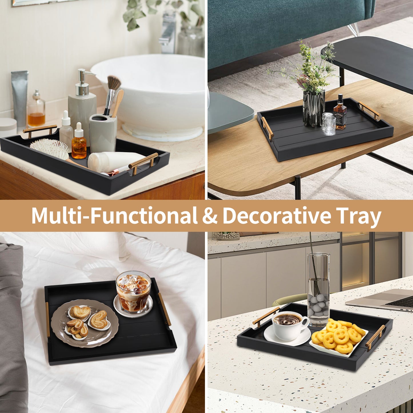 Sxnows Coffee Table Trays - Large Ottoman Tray for Living Room -Wood Serving Tray with 2 Sets of Handles - Wooden Tray for Coffee Table, 4 Round Coasters Included(Black)