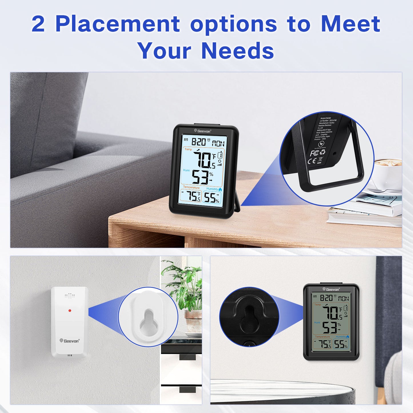 Geevon Indoor Outdoor Thermometer Wireless, Digital Temperature & Humidity Monitor with Alarm Clock, 3.8" Large Display, Backlight, 3 Channels, Battery Operated for Home, Bedroom, Greenhouse