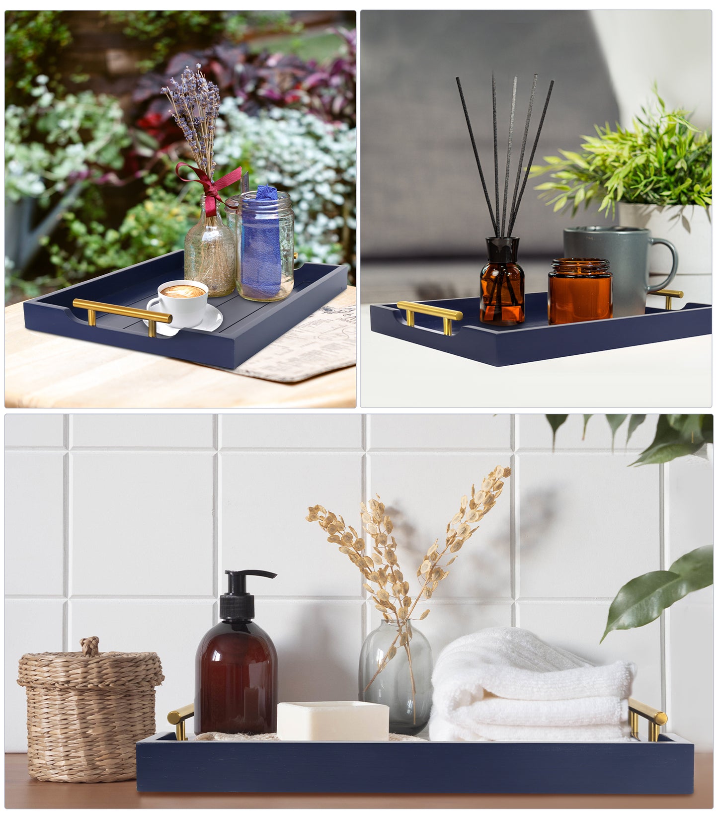 Sxnows Coffee Table Trays - Large Ottoman Tray for Living Room -Wood Serving Tray with 2 Sets of Handles - Wooden Tray for Coffee Table, 4 Round Coasters Included(Deep Blue)