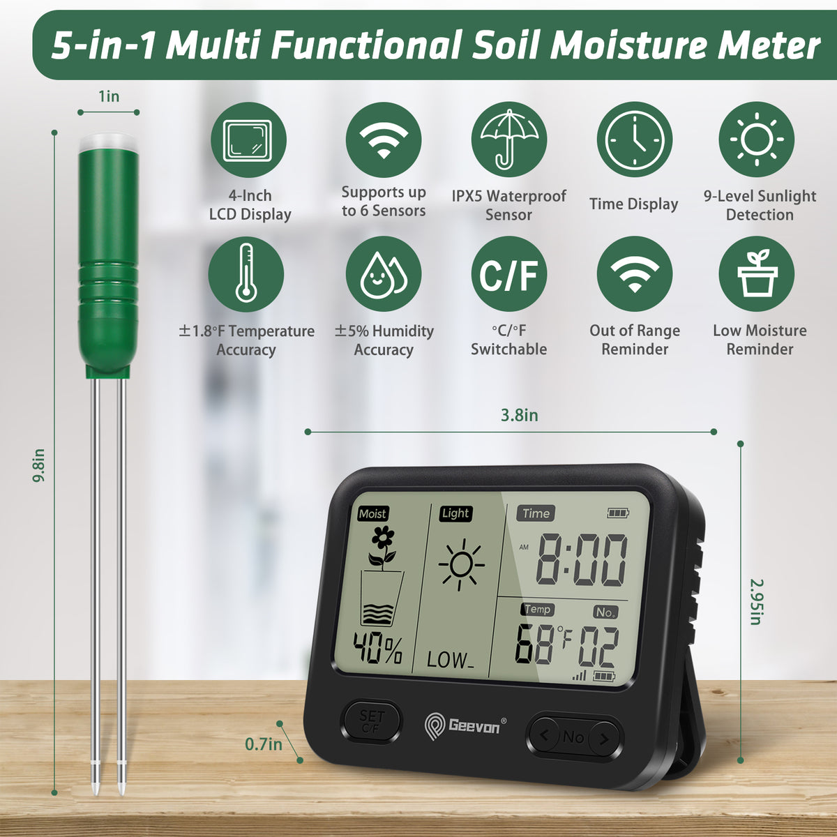 Geevon 4-in-1 Plant Soil Moisture Meter with Wireless 492Ft/150M Range, Temperature,Sunlight, and Time for Indoor Outdoor Plants