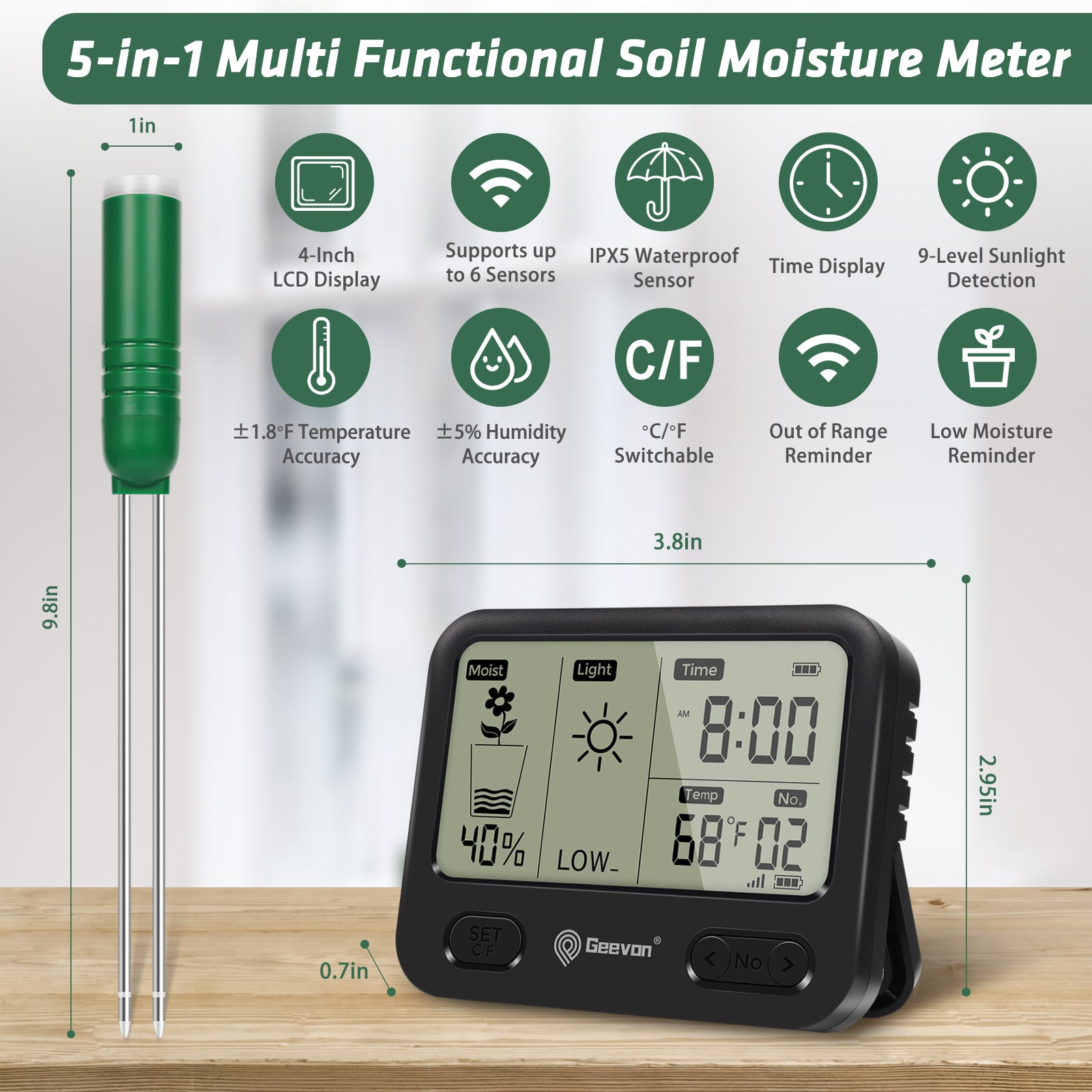 best soil meter for indoor plants Geevon 4-in-1 Plant Soil Moisture Meter with Wireless 492Ft/150M Range – Geevon store