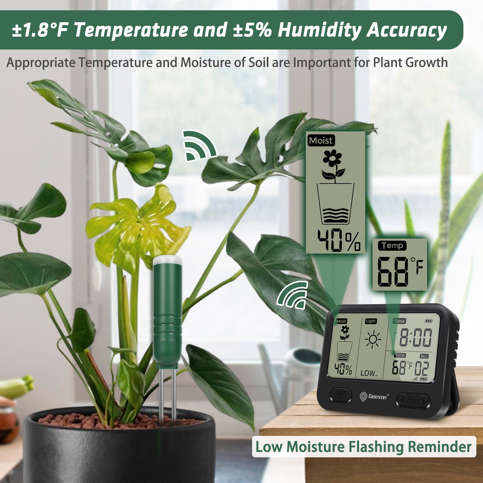 indoor plant soil moisture meter Geevon 4-in-1 Plant Soil Moisture Meter with Wireless 492Ft/150M Range – Geevon store