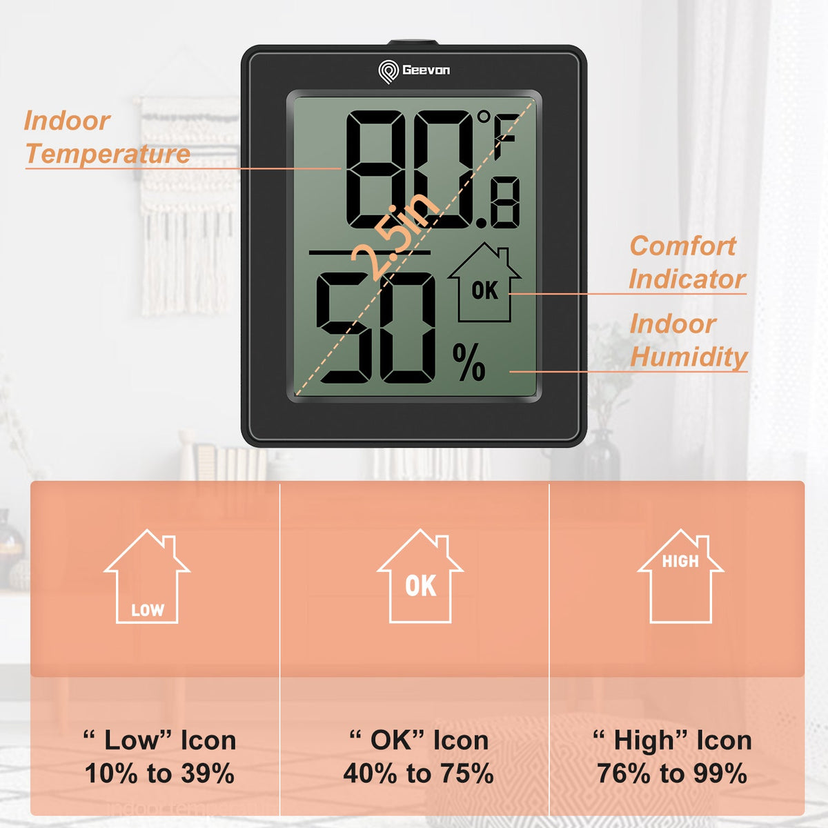 Geevon Hygrometer Indoor Thermometer Room Humidity Gauge with Battery,Digital Temperature Gauge Humidity Meter Indicator for Home, Office, Greenhouse, Mini Hygrometer,Black 2pack