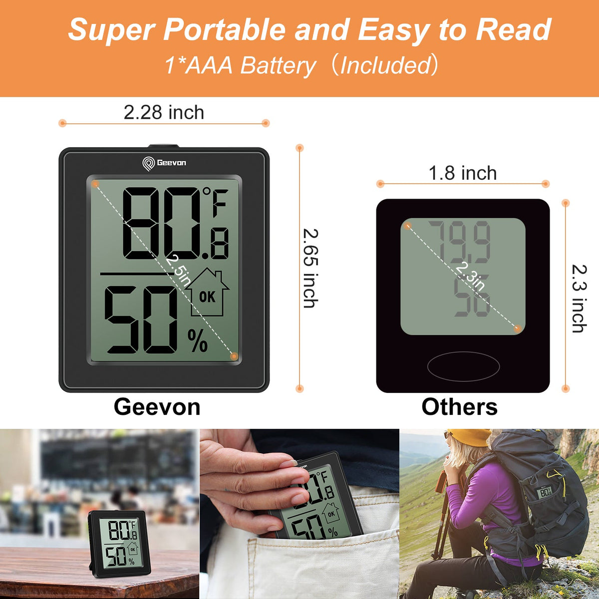 Geevon Hygrometer Indoor Thermometer Room Humidity Gauge with Battery,Digital Temperature Gauge Humidity Meter Indicator for Home, Office, Greenhouse, Mini Hygrometer,Black 2pack