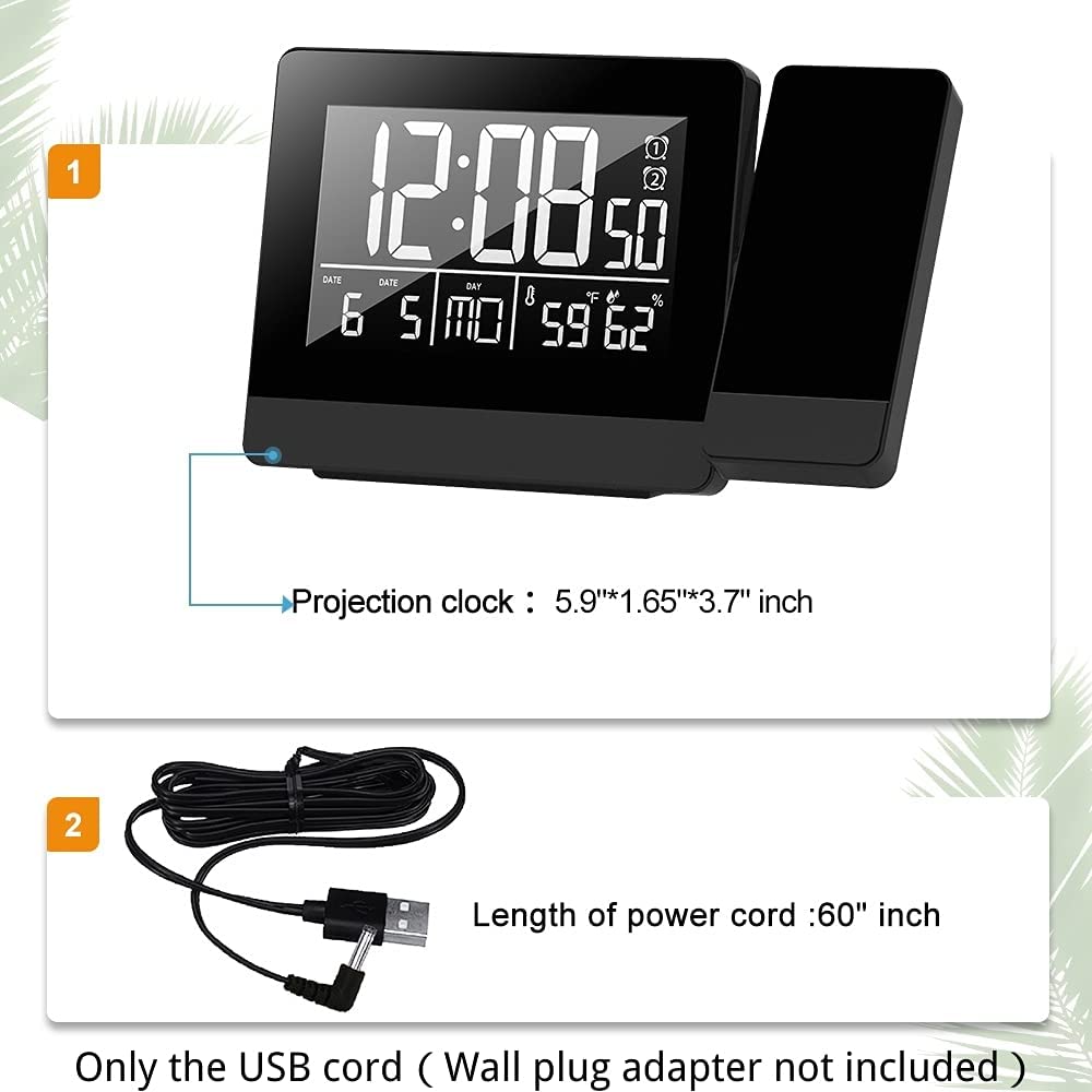 Geevon Projection Alarm Clock with Indoor Thermometer Hygrometer,USB Phone Charger,Dual Alarms,Dimmable Backlight Digital Clock Ceiling Projector for Bedroom