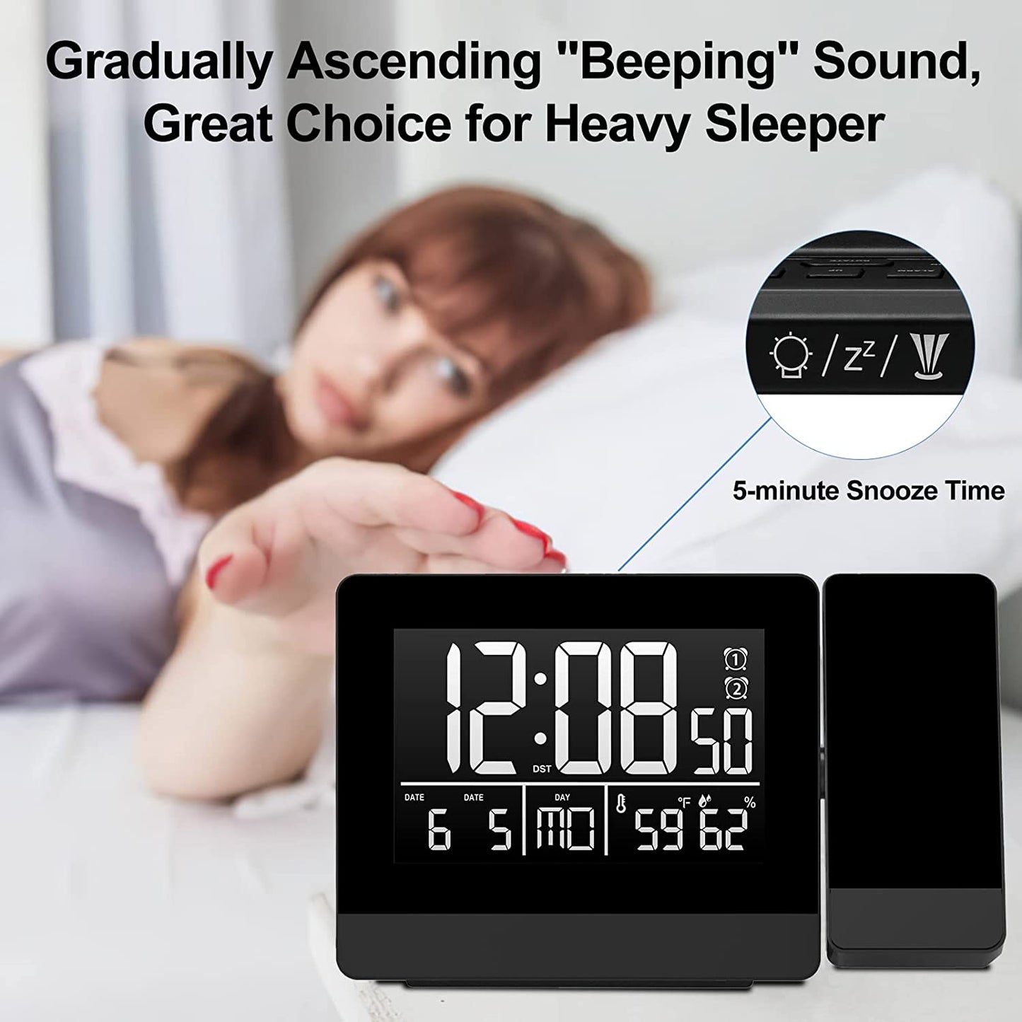 Geevon Projection Alarm Clock with Indoor Thermometer Hygrometer,USB Phone Charger,Dual Alarms,Dimmable Backlight Digital Clock Ceiling Projector for Bedroom