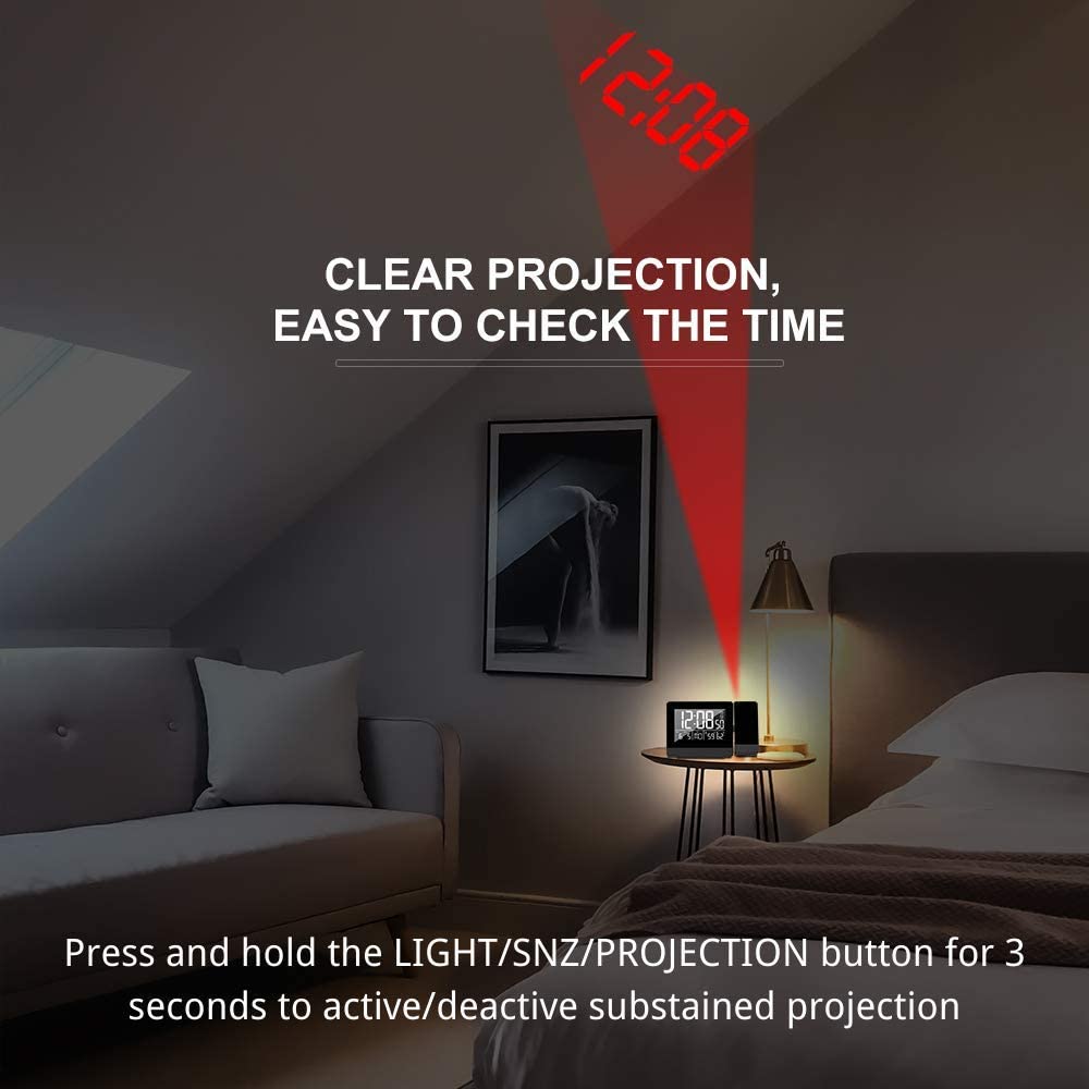 Geevon Projection Alarm Clock with Indoor Thermometer Hygrometer,USB Phone Charger,Dual Alarms,Dimmable Backlight Digital Clock Ceiling Projector for Bedroom