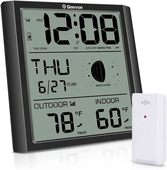 Geevon Digital Atomic Wall Clock,Auto-Set Atomic Alarm Clock with Indoor Outdoor Temperature,Calendar,Moon Phase for Home Office Elderly(1 Wireless Outdoor Sensor)