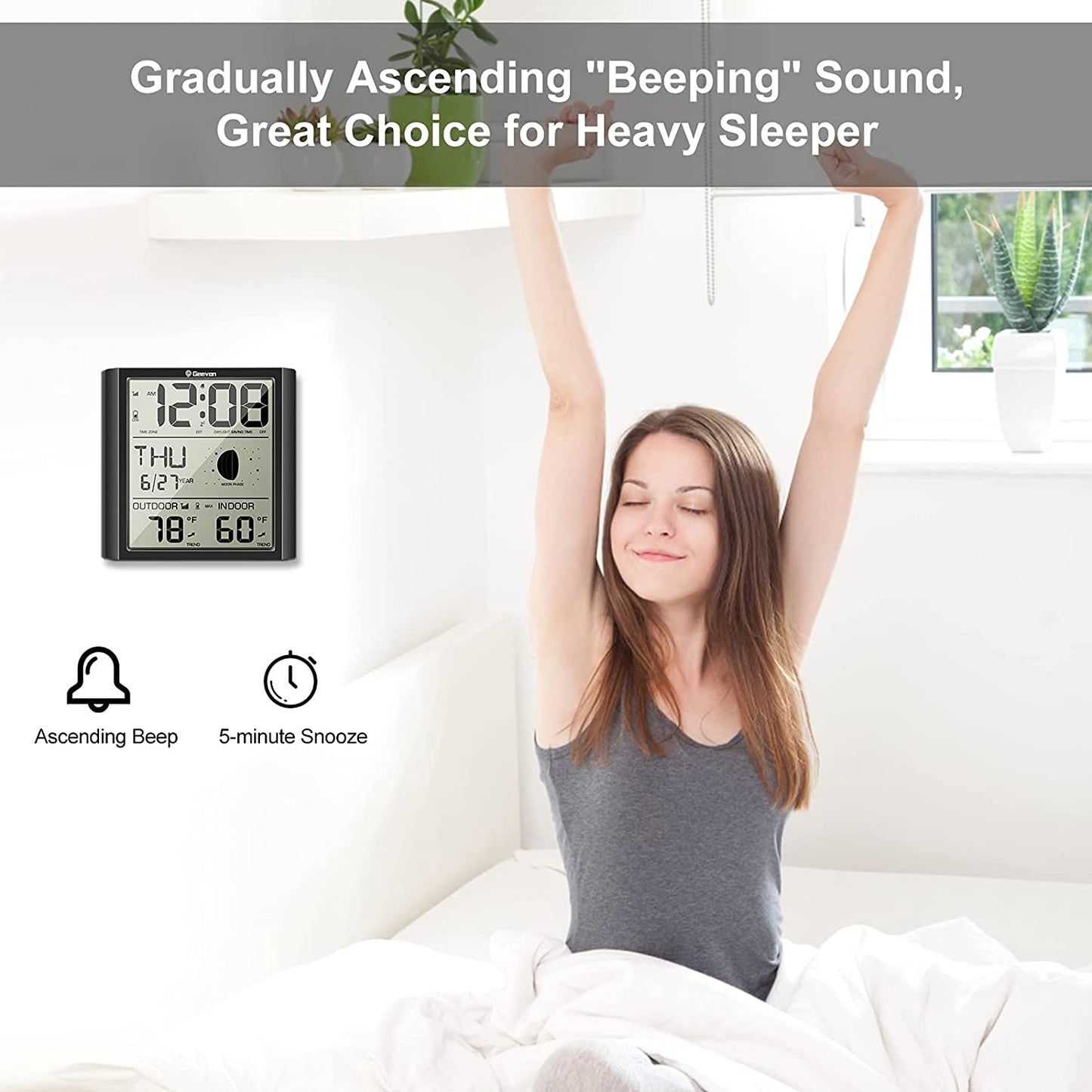 Geevon Digital Atomic Wall Clock,Auto-Set Atomic Alarm Clock with Indoor Outdoor Temperature,Calendar,Moon Phase for Home Office Elderly(1 Wireless Outdoor Sensor)