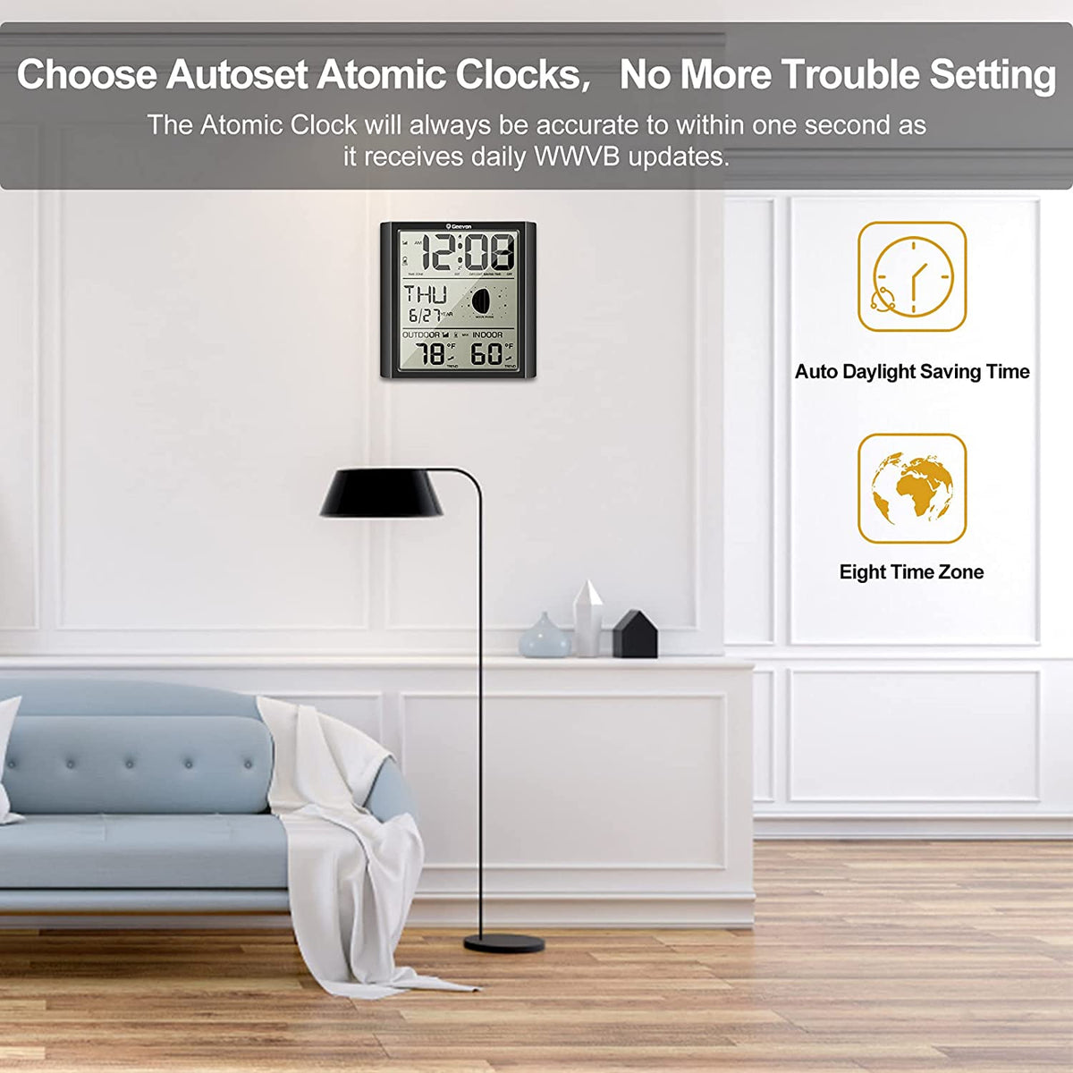 Geevon Digital Atomic Wall Clock,Auto-Set Atomic Alarm Clock with Indoor Outdoor Temperature,Calendar,Moon Phase for Home Office Elderly(1 Wireless Outdoor Sensor)
