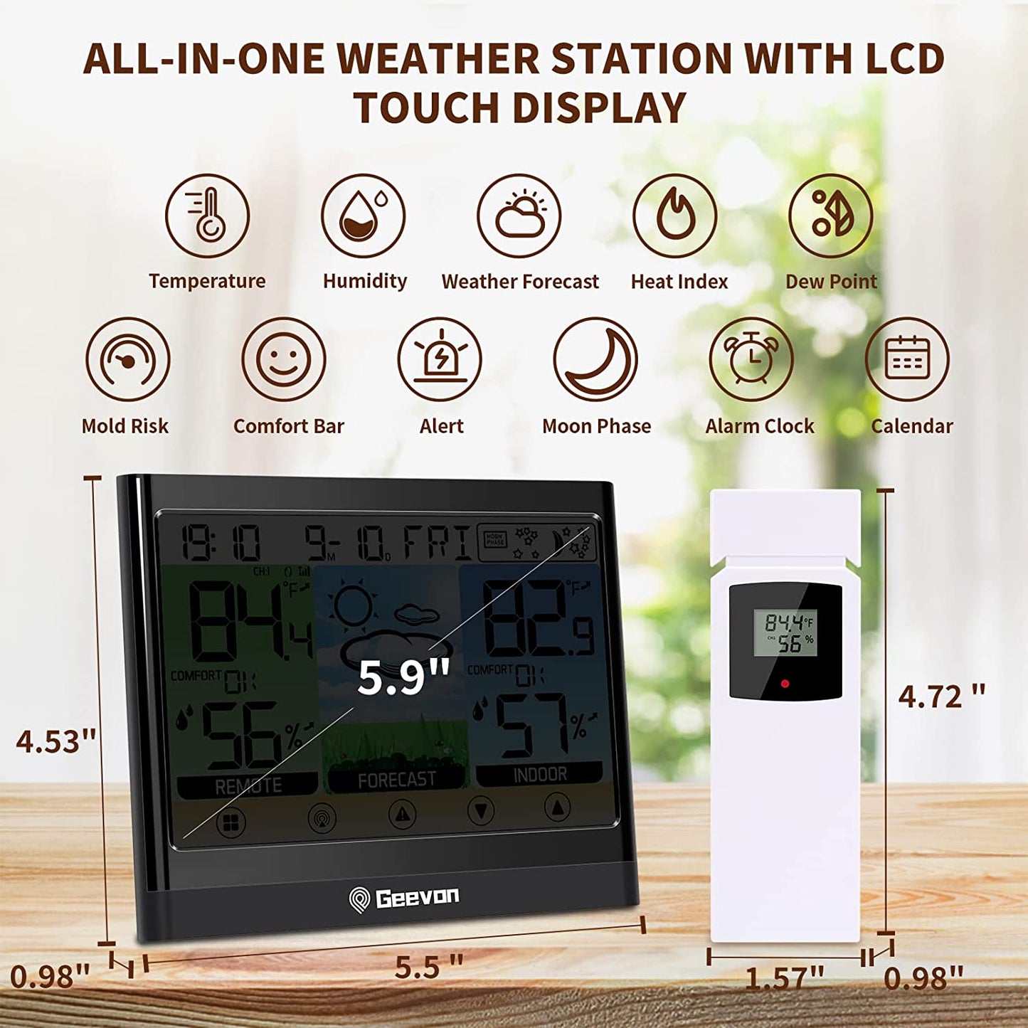 Geevon Weather Station Wireless Indoor Outdoor Thermometer Hygrometer with Heat Index, Dew Point, Touch LCD Display Digital Forecast Station with Alarm Clock and Adjustable Backlight