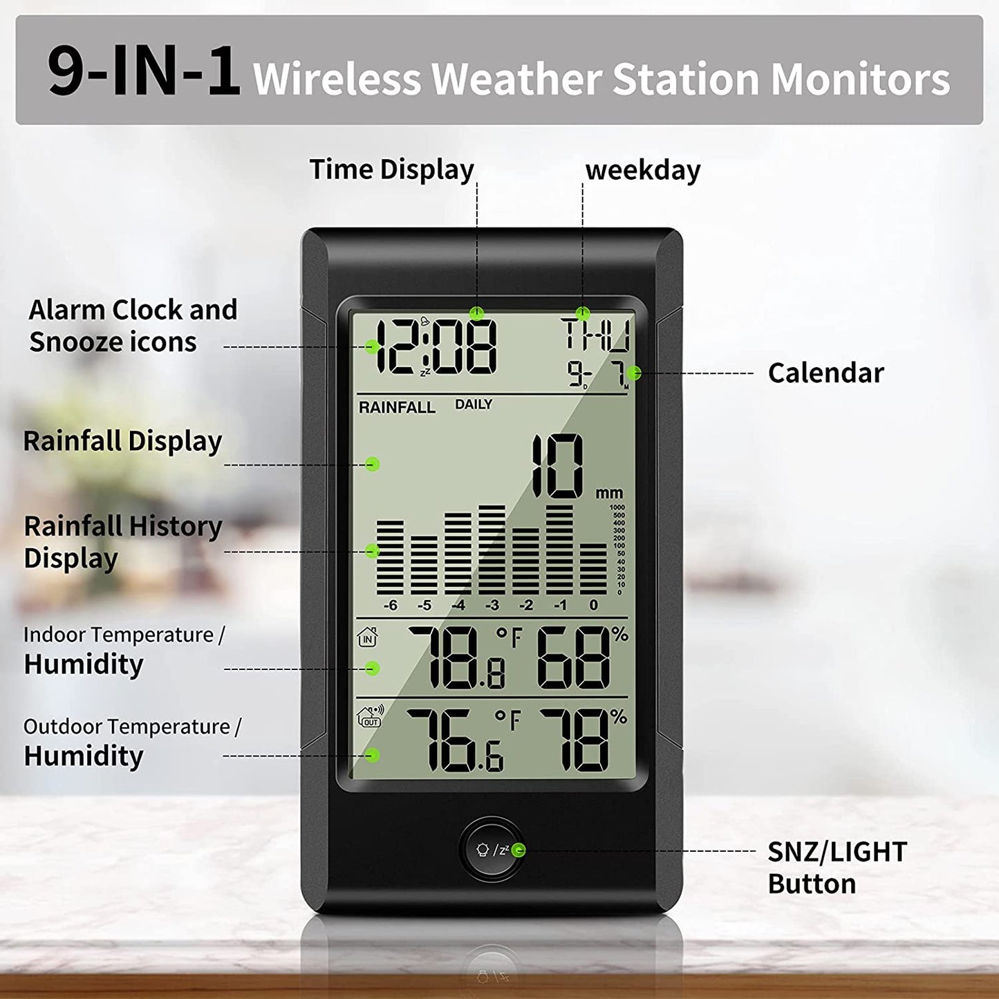 Geevon Wireless Rain Gauge,5 in 1 Self-Emptying Rain Collector Monitoring Rainfall and Indoor/Outdoor Temperature & Humidity with Backlit Weather Station