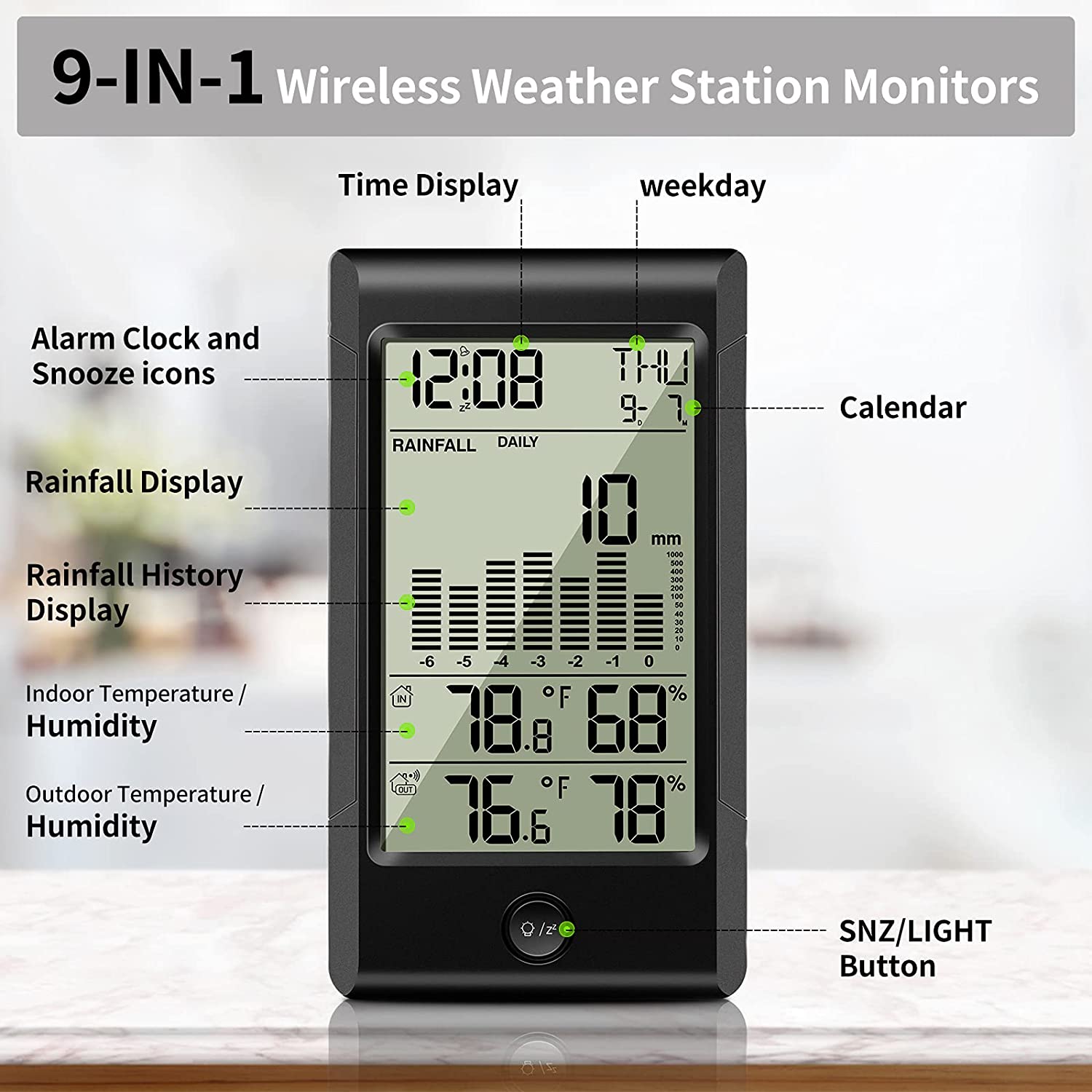 Wireless Digital Rain Gauge with Indoor Outdoor Temperature,Self-Emptying  Rain Collector with Accurate Thermometer, Weather Station with Large
