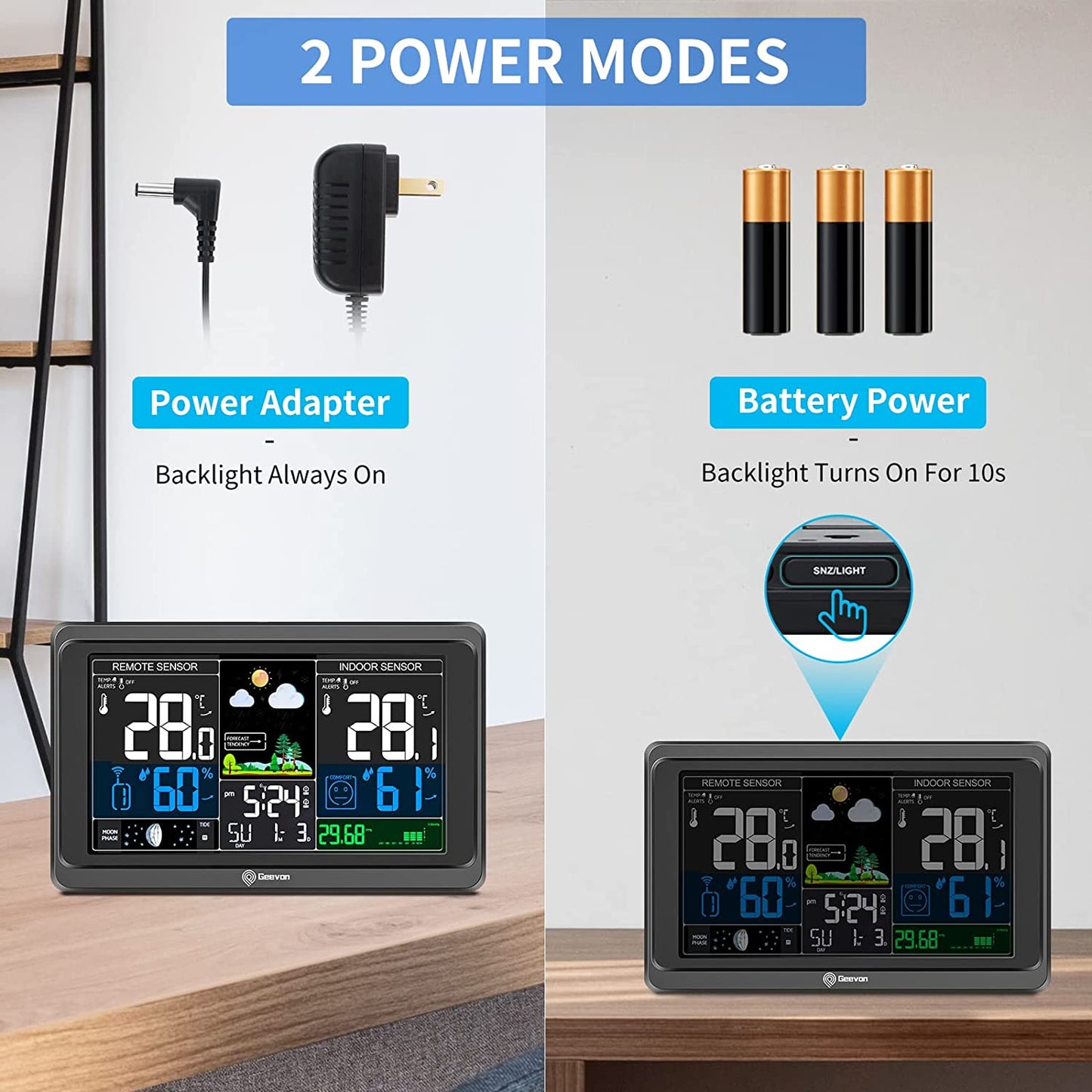 Geevon Weather Station Wireless Indoor Outdoor Thermometer, Color Display Forecast Station Digital Weather Thermometer with Atomic Clock, USB Charging Port and Adjustable Backlight