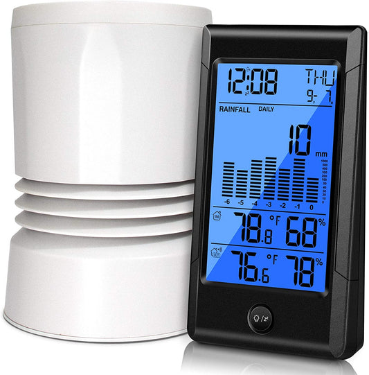 Geevon Wireless Rain Gauge,5 in 1 Self-Emptying Rain Collector Monitoring Rainfall and Indoor/Outdoor Temperature & Humidity with Backlit Weather Station