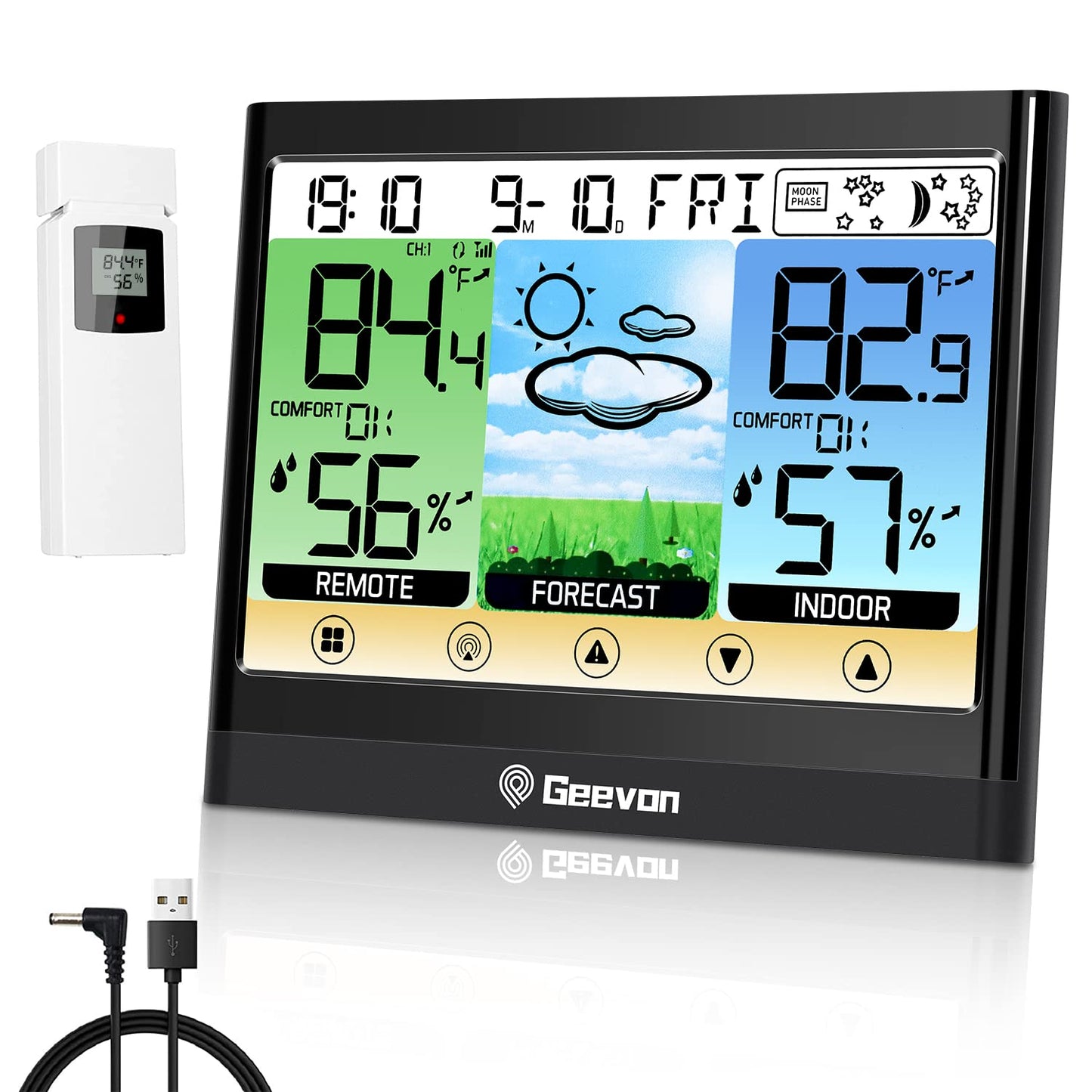 Geevon Weather Station Wireless Indoor Outdoor Thermometer Hygrometer with Heat Index, Dew Point, Touch LCD Display Digital Forecast Station with Alarm Clock and Adjustable Backlight