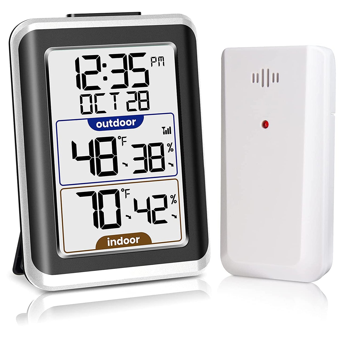 GEEVON Indoor Outdoor Thermometer Wireless Digital Hygrometer Temperature Gauge with Time，200ft/60m Range Temperature Humidity Sensor