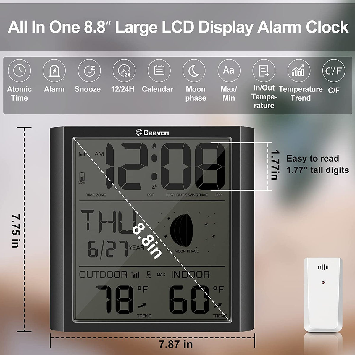Geevon Digital Atomic Wall Clock,Auto-Set Atomic Alarm Clock with Indoor Outdoor Temperature,Calendar,Moon Phase for Home Office Elderly(1 Wireless Outdoor Sensor)