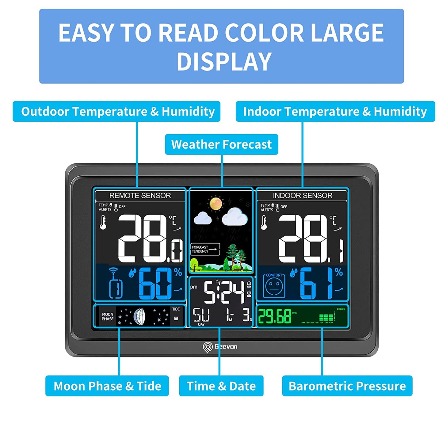 Geevon Weather Station Wireless Indoor Outdoor Thermometer, Color Display Forecast Station Digital Weather Thermometer with Atomic Clock, USB Charging Port and Adjustable Backlight