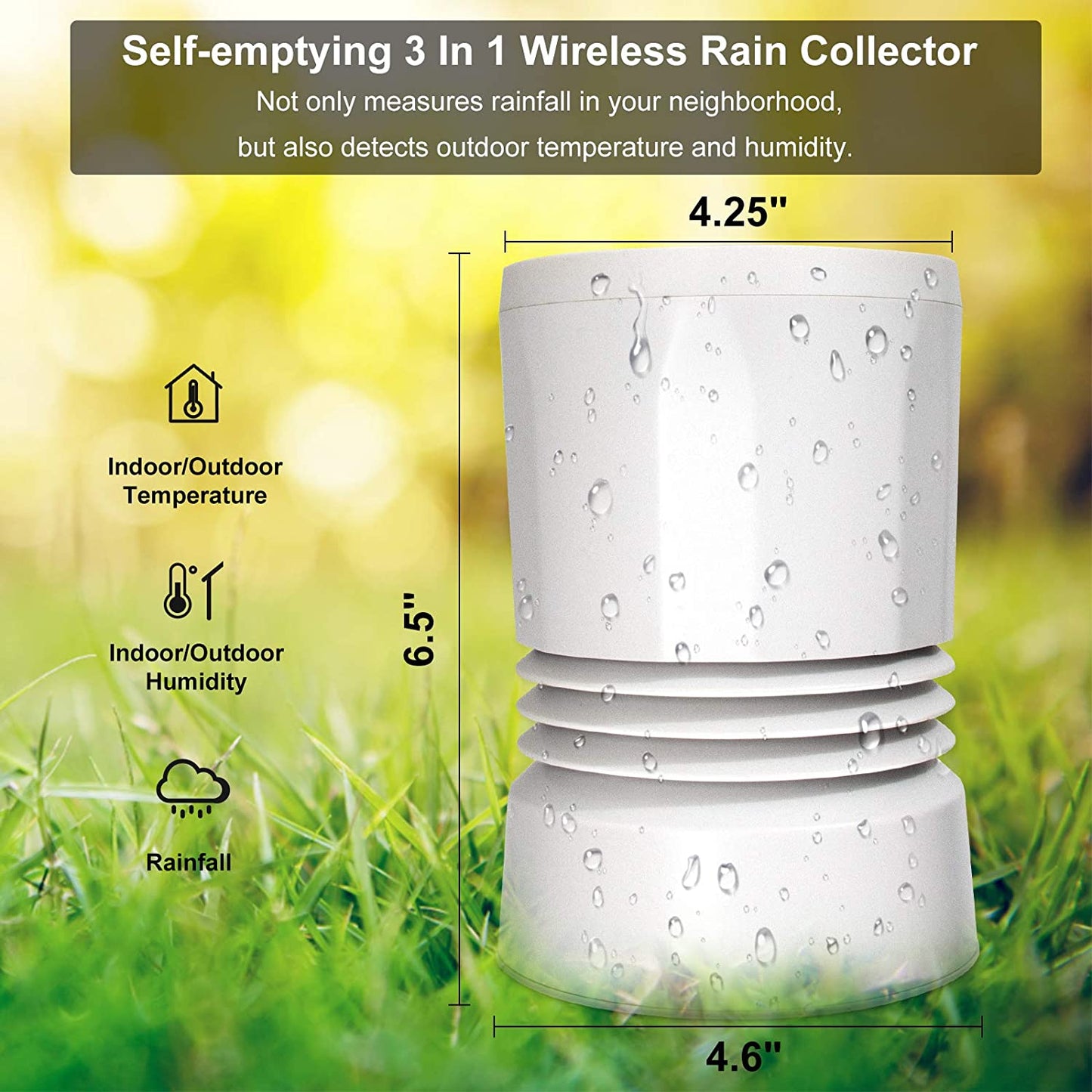 Geevon Wireless Rain Gauge,5 in 1 Self-Emptying Rain Collector Monitoring Rainfall and Indoor/Outdoor Temperature & Humidity with Backlit Weather Station