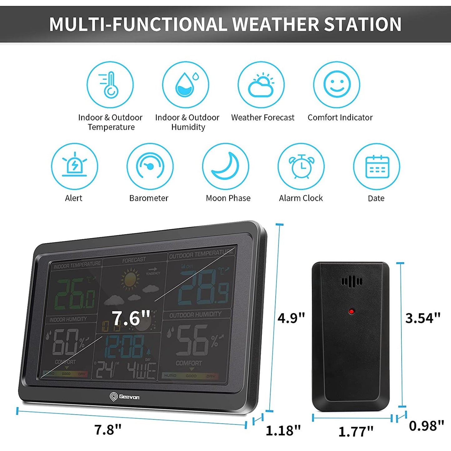 Geevon Weather Station Wireless Indoor Outdoor Thermometer, Large Color Display Temperature Humidity Monitor with Comfort Indicator, USB Charging Port and Adjustable Backlight