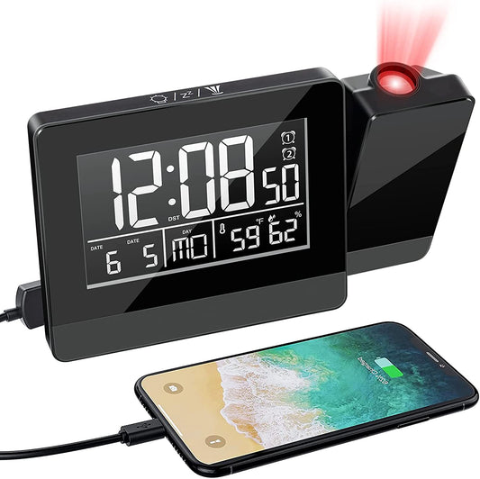 Geevon Projection Alarm Clock with Indoor Thermometer Hygrometer,USB Phone Charger,Dual Alarms,Dimmable Backlight Digital Clock Ceiling Projector for Bedroom