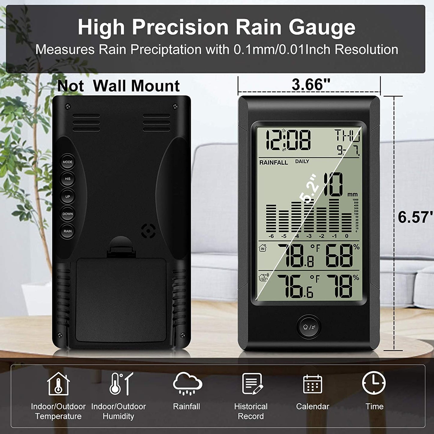 Geevon Wireless Rain Gauge,5 in 1 Self-Emptying Rain Collector Monitoring Rainfall and Indoor/Outdoor Temperature & Humidity with Backlit Weather Station